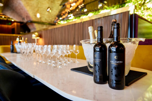 Two bottles of red wine in front of a bucket with wine bottles and rows of glasses behind on a bar