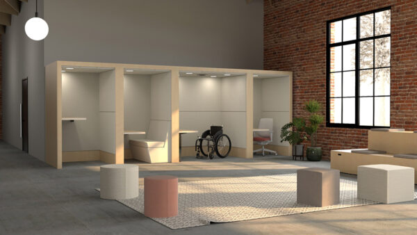 A row of booths with a variety of layouts. One with a table and bench, one with table and wheelchair space and one with table and chair.