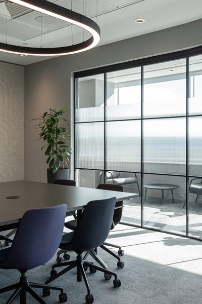 Partition glass of meeting room allowing natural light to come in and a plant adding greenery.