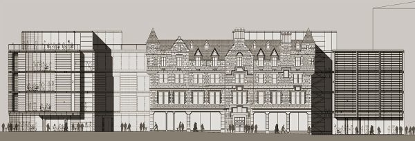 An elevational line drawing of a building.